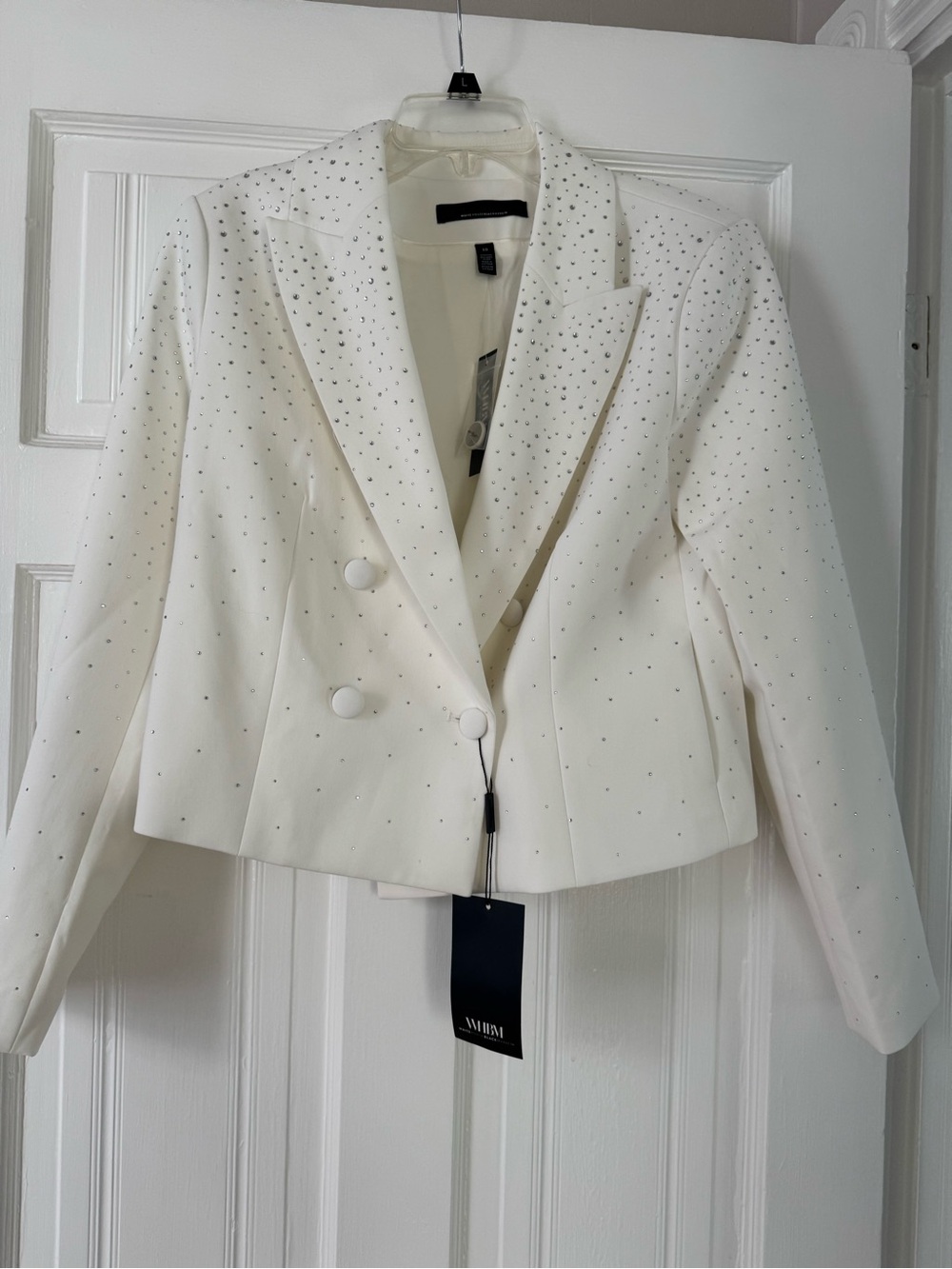 Women's White Embellished Double-Breasted Cropped Blazer - Picture 7 of 11
